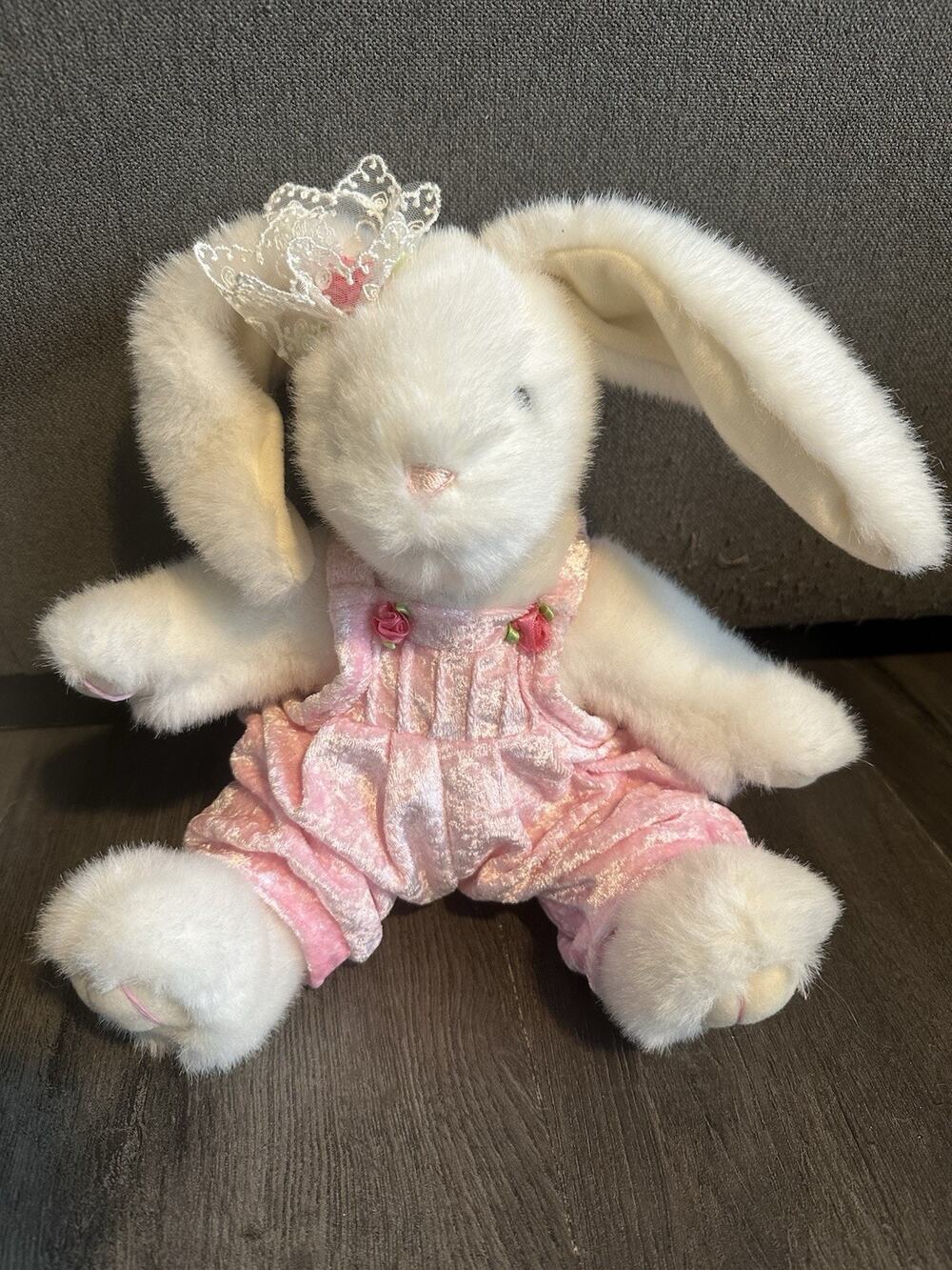 MTY International Bunny Rabbit 10" Pink Overalls Velvet White Stuffed Animal Toy